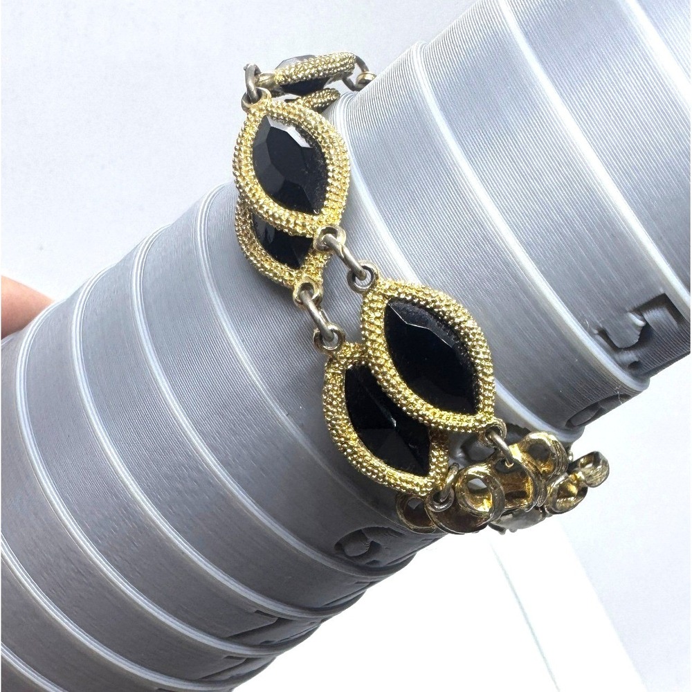 Vintage Gold Tone Two Strand Marquise Black Stone Link Bracelet 6.25in